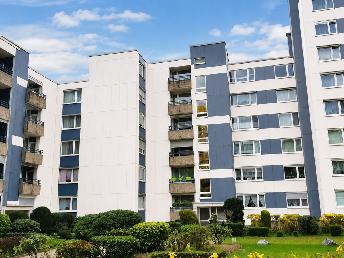 Nachher: Wohnanlage mit Eternit-Faserzementfassade in Monheim am Rhein vor und nach der Reinigung von 3.100 m²